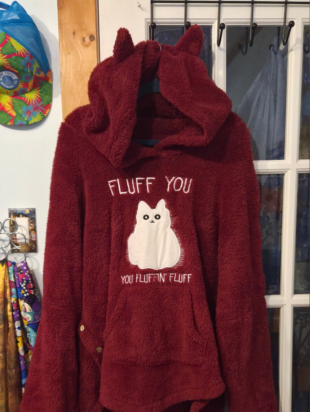 SHEIN Burgundy Plush Hooded Puffer with Cat Applique